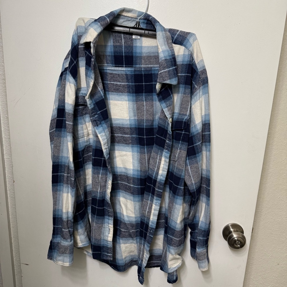 Blue and White Plaid Flannel Shirt